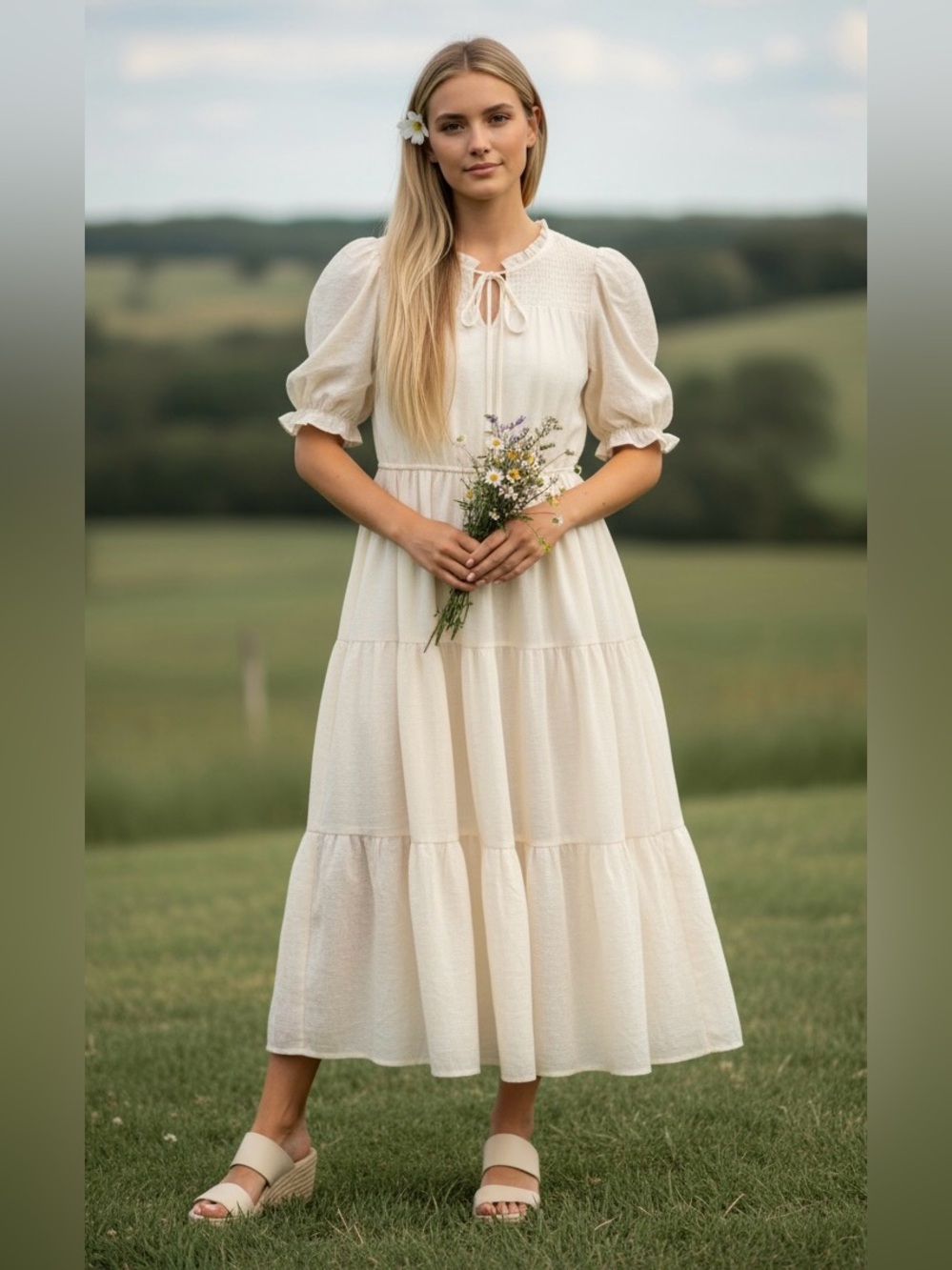 NEW!! Sweet Wanderer Cream Tiered Midi with Puff Sleeves